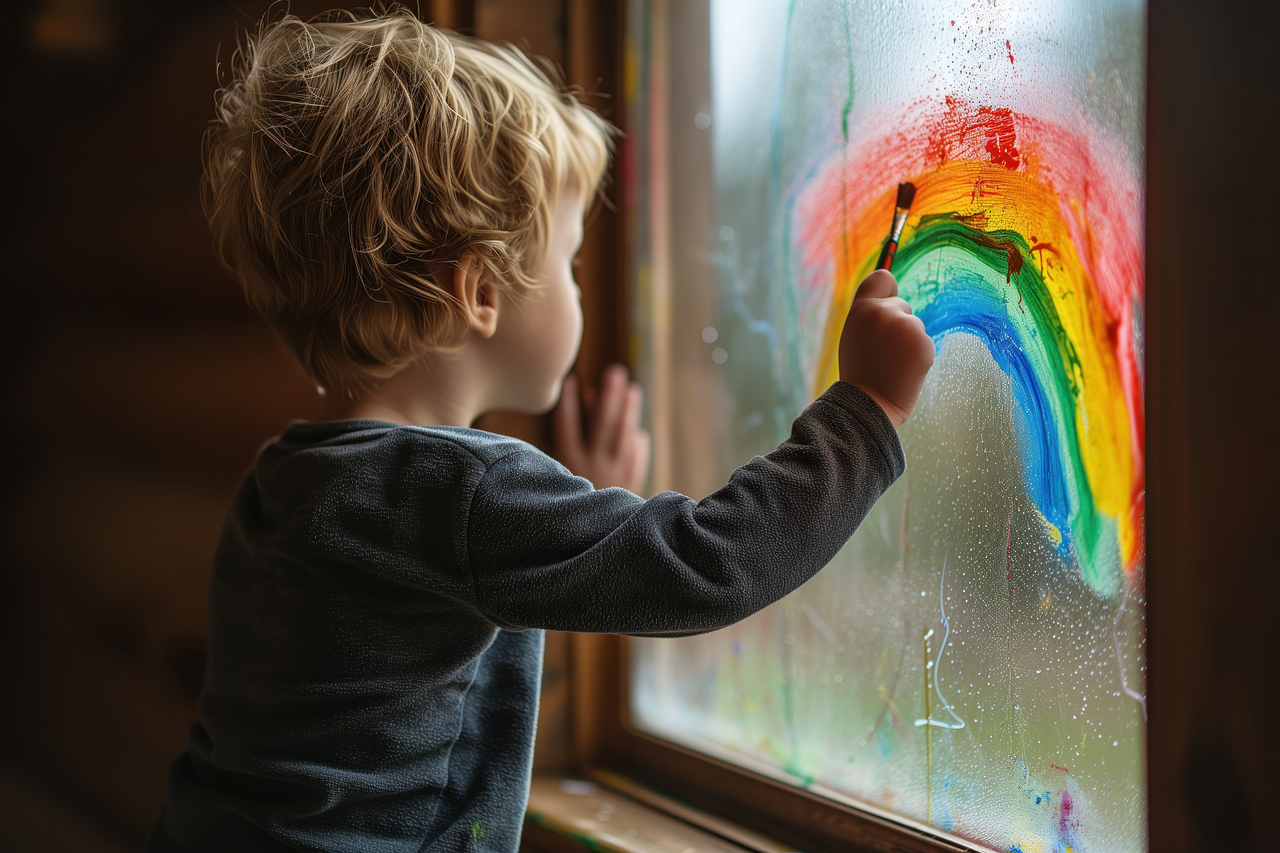 un enfants qui dessine un arc en ciel sur une fenetere